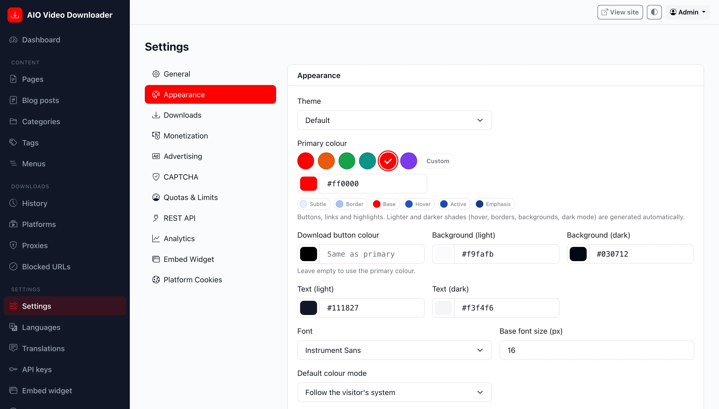 Appearance settings with colour presets