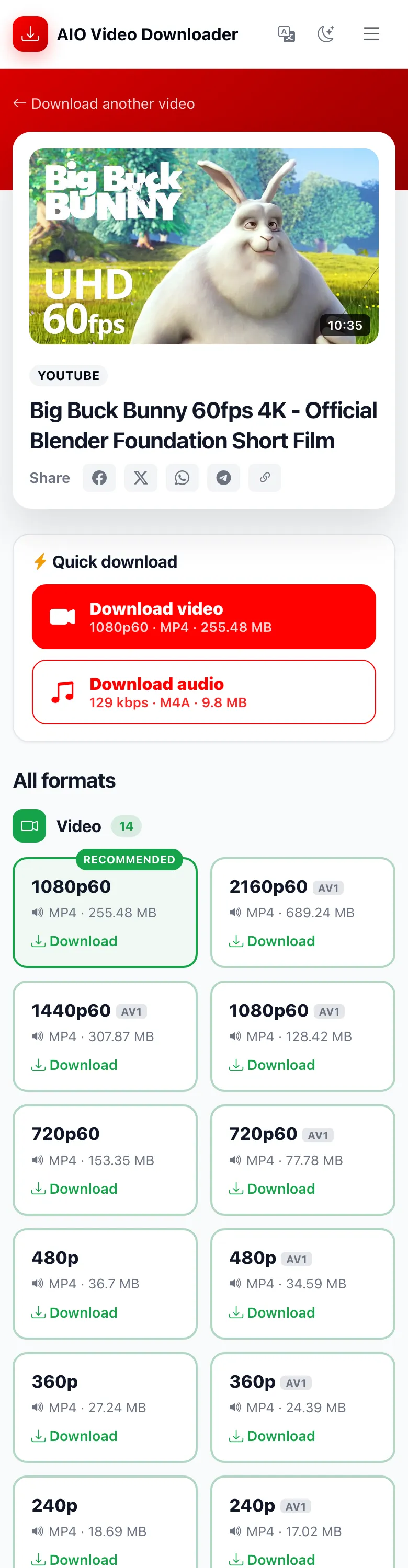 Results page on a phone